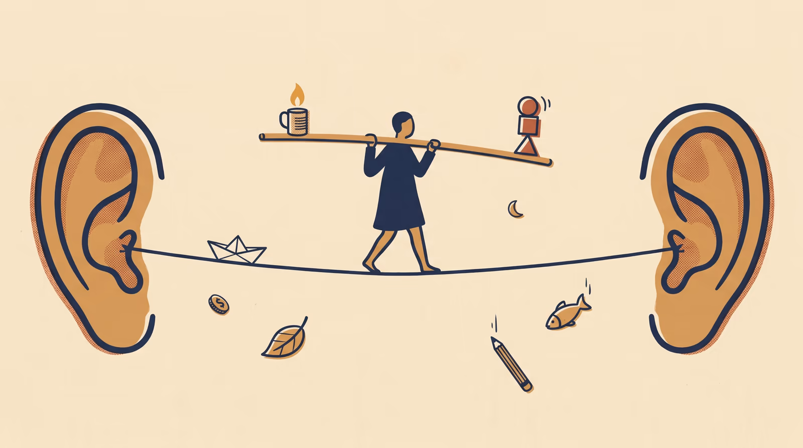 A small navy figure walks a tightrope strung between two giant ochre ears, balancing a flame-in-tin-cup and a small terracotta figure-token on a shoulder pole. Paper boat, leaf, coin, crescent moon, pencil, and fish drift in the negative space — a marketer's audience-balance act.