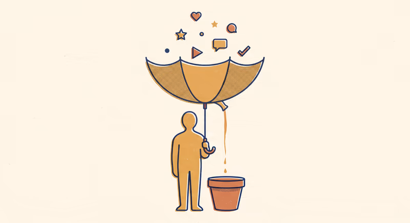 An ochre figure stands holding an inverted umbrella catching a soft rain of small icons (heart, star, dot, play, chat-bubble, tick) into a terracotta clay pot at their feet — catching audience signals into a vessel.