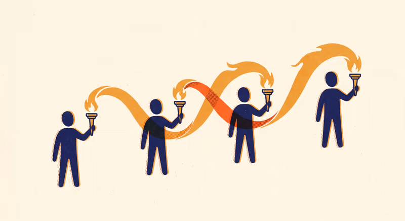 Four navy figures in a horizontal line at slightly different elevations, each holding an aloft torch; a continuous flame-ribbon arches between their torches, shifting from ochre to terracotta and back as it crosses each handoff — channel-to-channel relay.