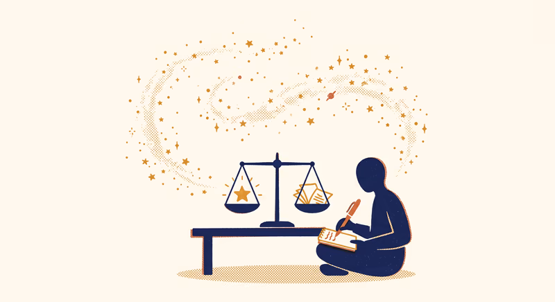 A navy figure sits cross-legged at a low table, writing in an open notebook on their lap; on the table is a balance scale with a single ochre star on the left pan and a stack of papers on the right; above, a swirl of tiny gold stars and dots — weighing what matters against what's just noise.