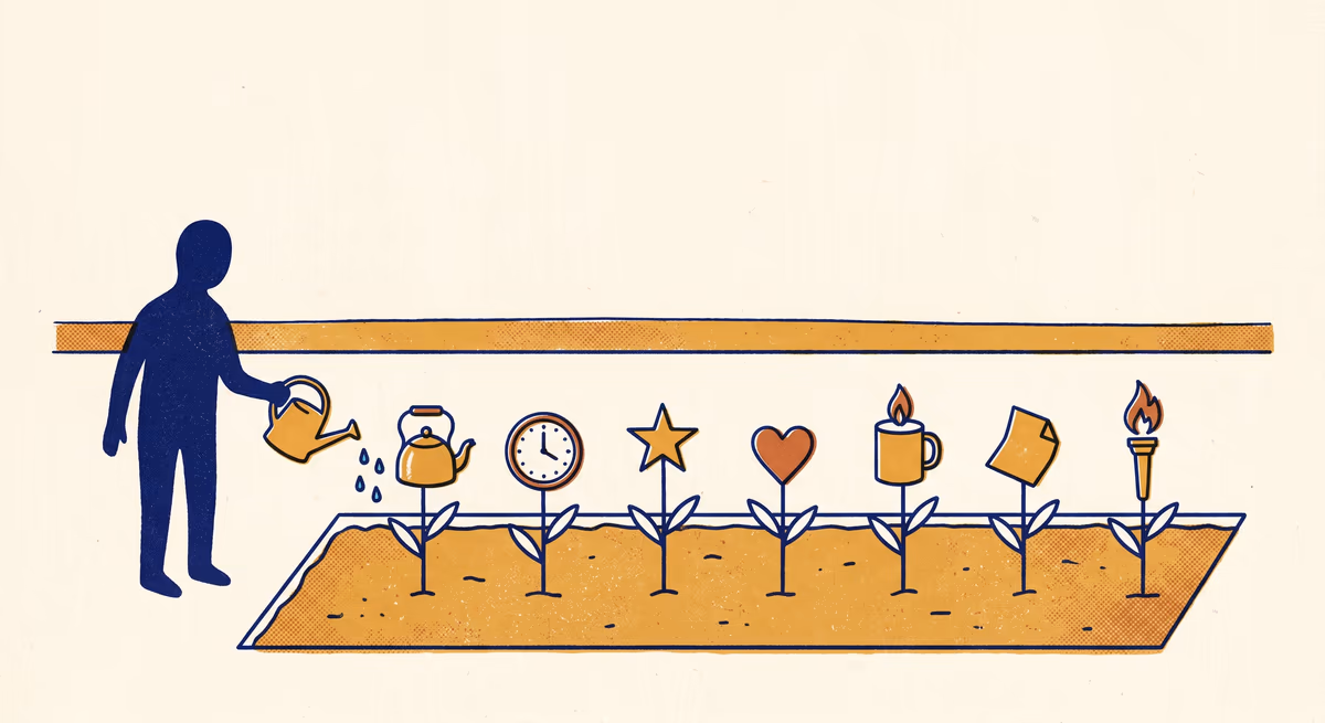 A navy figure at left waters a horizontal ochre garden plot growing seven thin-stemmed plants, each with a different ornament at its tip — a kettle, clock face, star, heart, flaming mug, folded note, and torch. Three water drops fall from the watering can — disciplined inputs, compounding outputs.