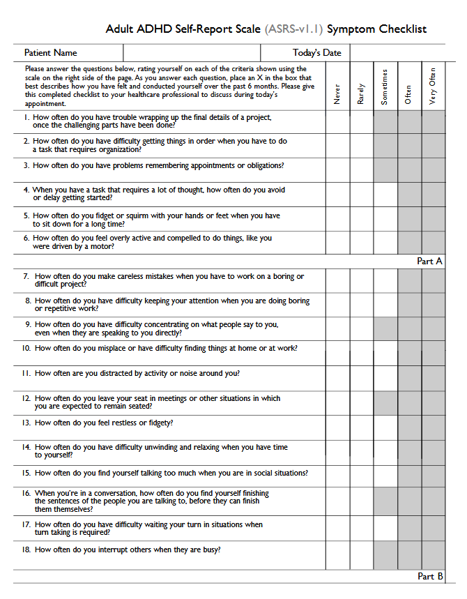 The ASRS v1.1 symptom checklist: eighteen questions rated on a five-point frequency scale, with the Part A screener boxes shaded.