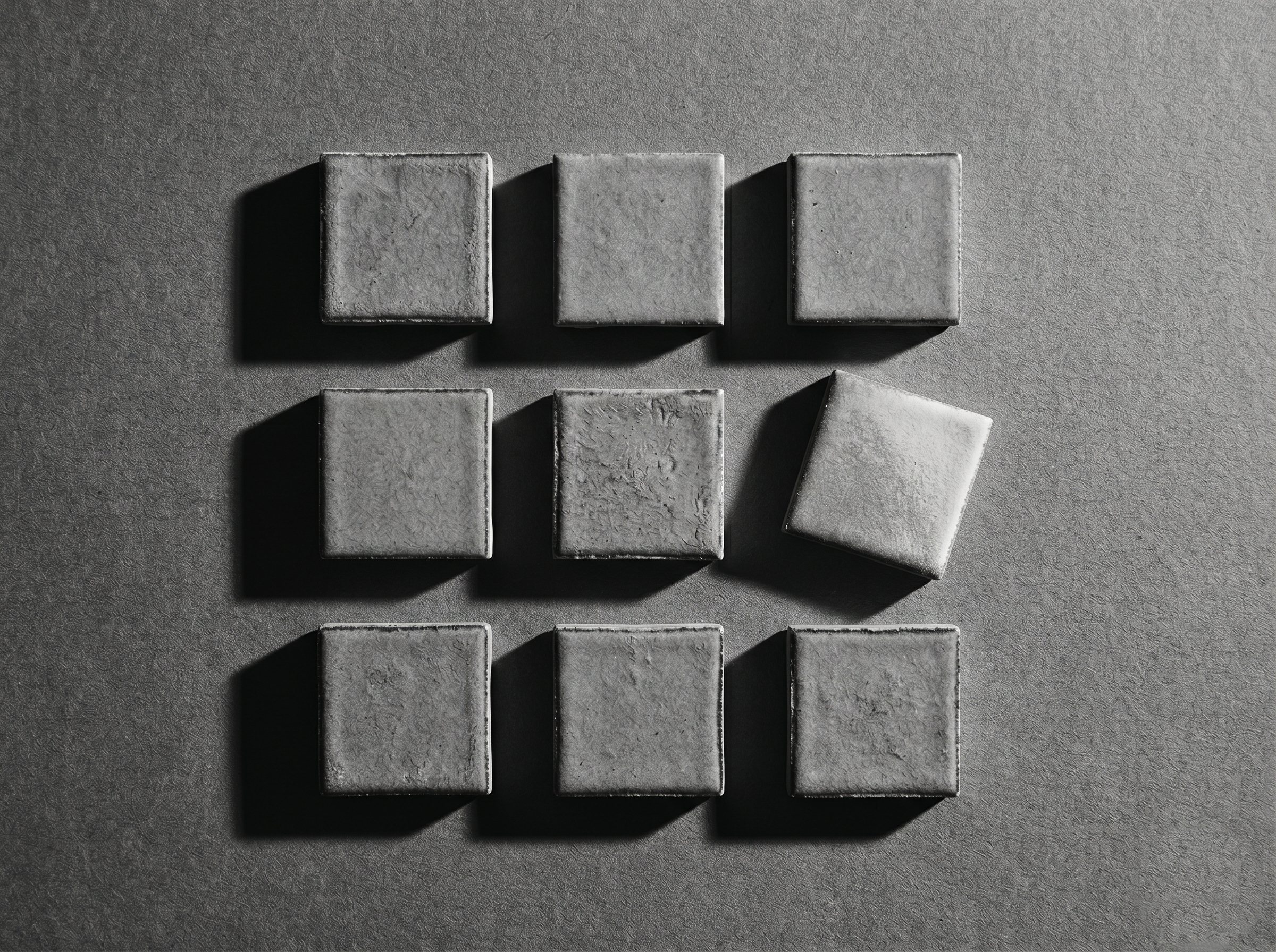 A 3 by 3 grid of grey ceramic tiles with one tile rotated out of alignment