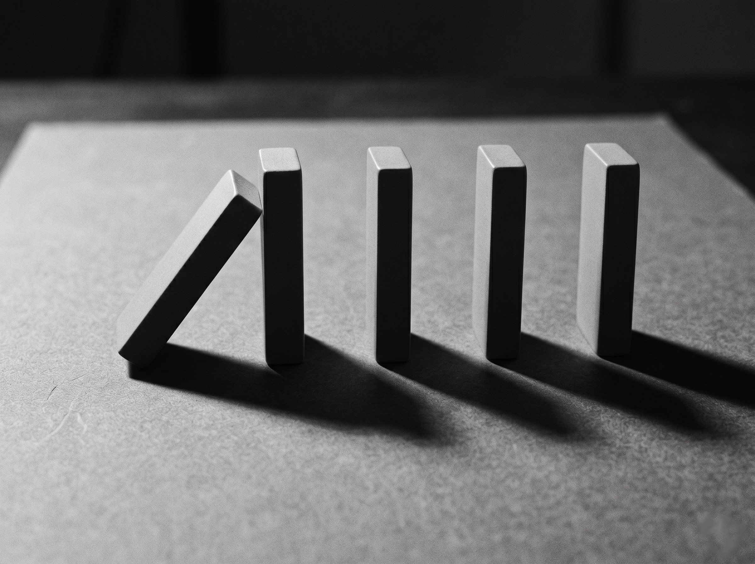 Five blank grey dominoes in a line, the first one falling toward the second
